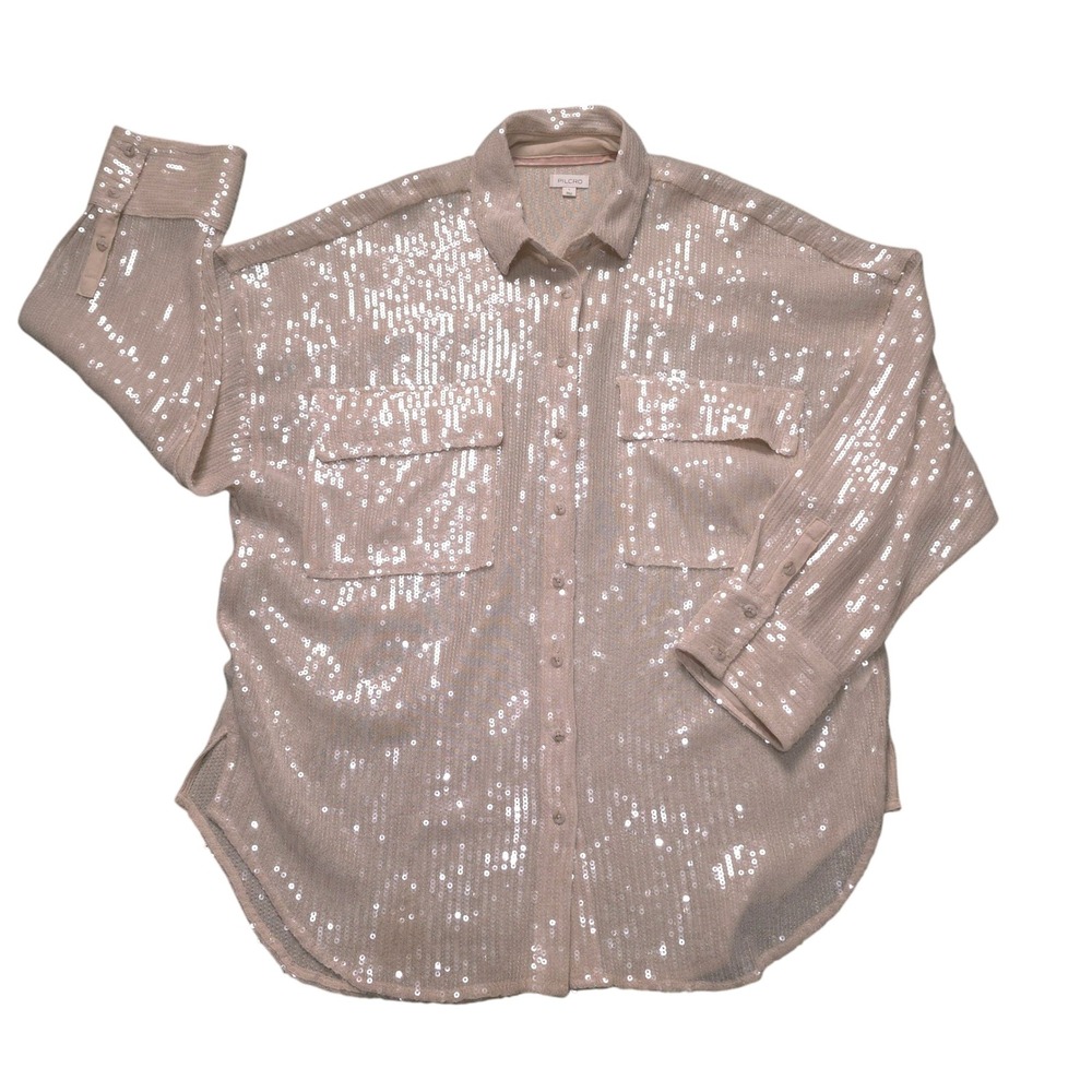 Anthropologie Pilcro Womens Large Sequin Button Down Shirt Ivory Oversized Loose